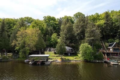 View from the water of the tree-lined shore, dock, and cottage on Three Mile Lake.